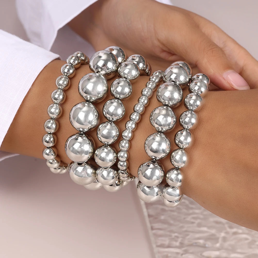 Aihua Trend Stretch Gold Sliver Color 6MM 8MM 12MM 16MM Stacked Ball Beaded Bracelet For Women Men Round CCB Beads Bracelets