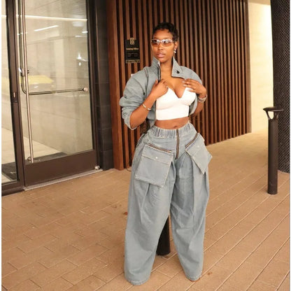 Casual Loose Denim Two Piece Set for Women Streetwear 2023 Autumn Zipper High Collar Crop Top Elastic Waist Wide Leg Cargo Pants