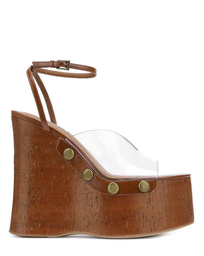 Large Rivets Embedded PVC Strap Women’s Sandals Peep Toe Wedges Super High Heels Tall Platform Sandales à Talons Heighten Shoes