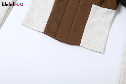Weird Puss Contrast Patchwork Jacket Women Chic Zip Hipster Winter Trend full Sleeve Coat Wild Streetwear Casual Jersey Outwear