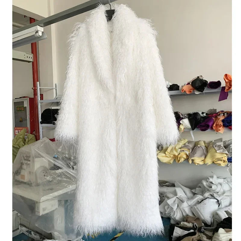 Women Faux Sheep Fur Long Coat Cardigan Thermal Loose Maxi Jackets Plush Coats Female Jacket Autumn Winter Furry Outerwear