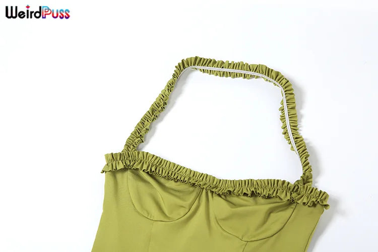 Weird Puss Chic Irregular Tassel Hem Dress Women Backless Halter Party Summer Sexy Birthday Party Split Midnight Club Bodycon