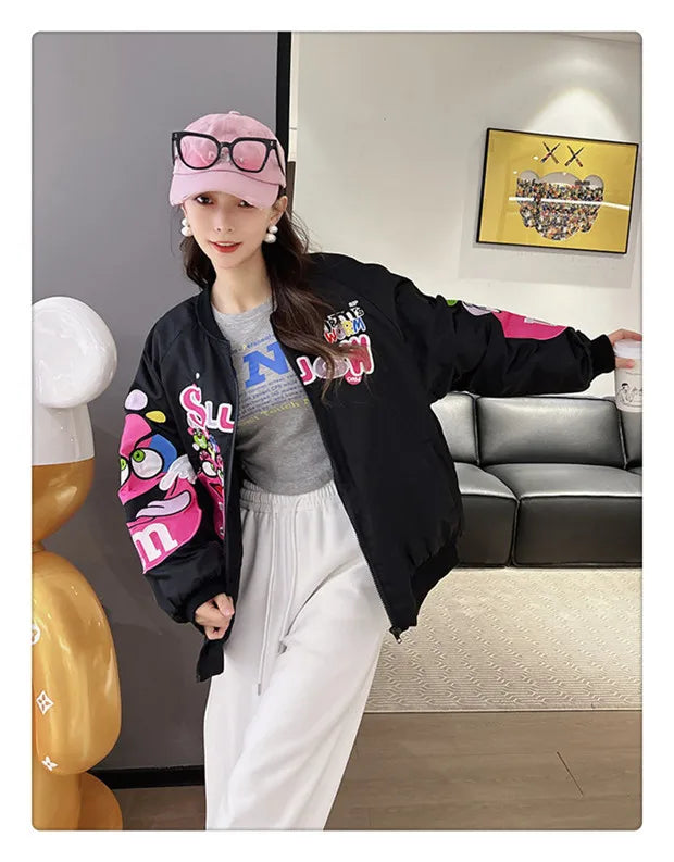 Cross-border Cartoon Embroidery Baseball Jacket For Men Women Casual Loose Fit Hip Hop Top Spring Autumn Letter Couple Jacket