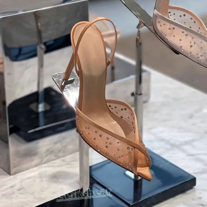 Rhinestone Lace Pointed Toe Women Sandals Ankle Strap Buckle Thin High Heels Solid Slingback Sexy Summer Shoes Luxury 2025 New
