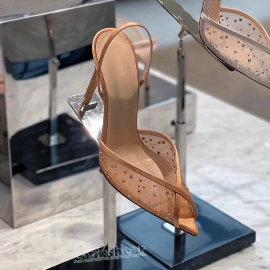 Rhinestone Lace Pointed Toe Women Sandals Ankle Strap Buckle Thin High Heels Solid Slingback Sexy Summer Shoes Luxury 2025 New