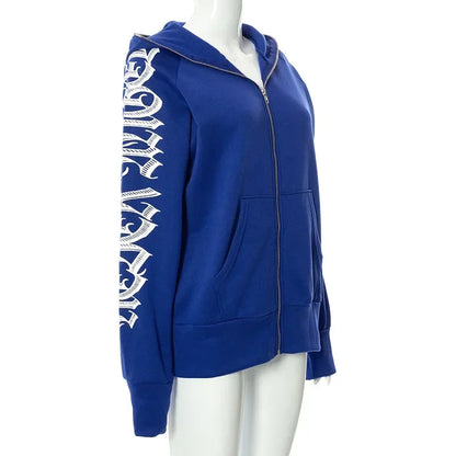 New 2024 Winter Letter Printed Zip Up Hoodie Streetwear Women Cyber Y2k Jackets Cardigan Gothic Punk Clothes Sweatshirts