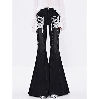 European White Y2k Lace Strap Micro Flared Jeans for Women Hot Girls Street Low Waist Slim Fit and Slimming Floor Length Pants