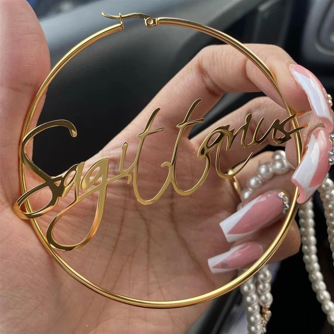 316 Stainless Steel Custom Earrings 30-100MM  Name Hoop Personalized Big Name Earrings Women Gifts Custom 18K Gold Hoop