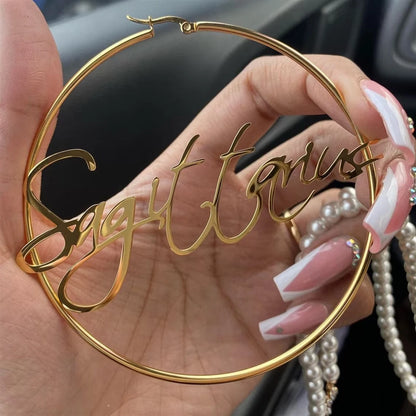 316 Stainless Steel Custom Earrings 30-100MM  Name Hoop Personalized Big Name Earrings Women Gifts Custom 18K Gold Hoop
