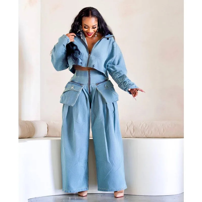 Casual Loose Denim Two Piece Set for Women Streetwear 2023 Autumn Zipper High Collar Crop Top Elastic Waist Wide Leg Cargo Pants