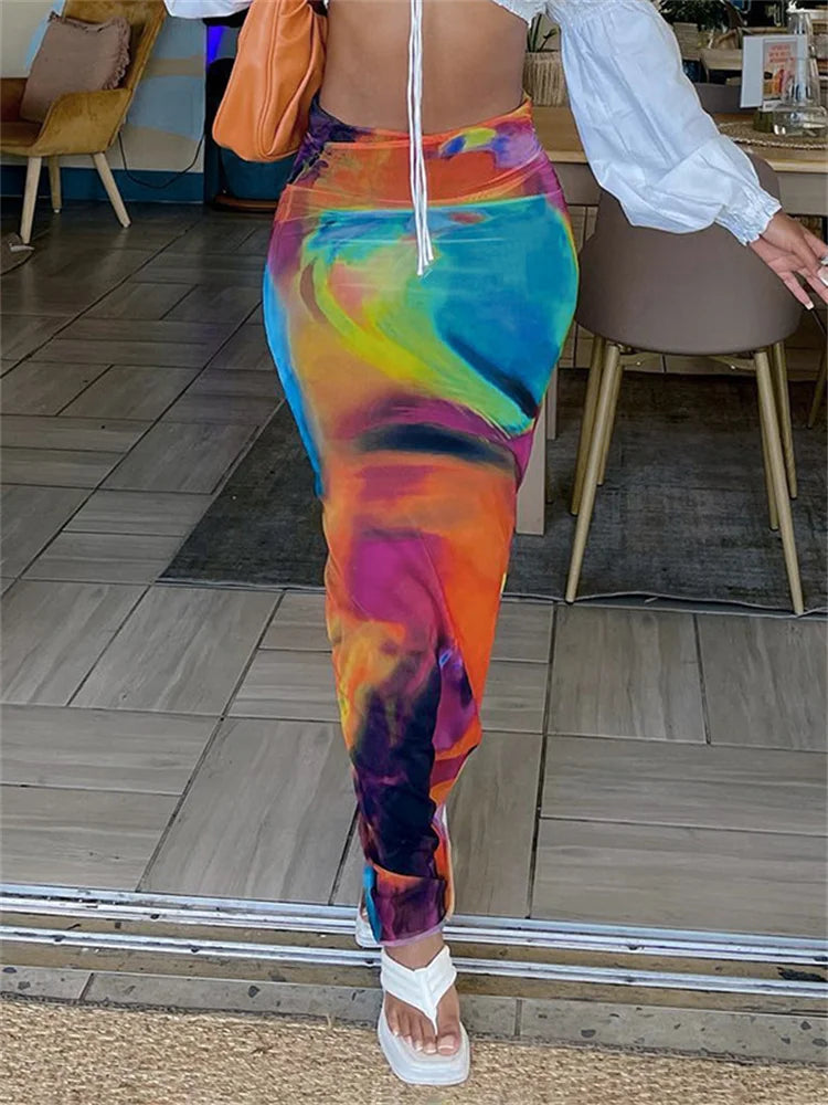Simenual Harajuku Aesthetics Multi Printed High Waist Long Skirts Women Cyber Y2K Package Hip Skirt Chic Holiday Outfits Slim