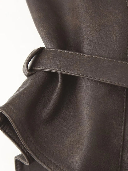 TRAFZA Spring Women Retro Brown PU Jackets Lace-up Single Button Coats Slim Sashes Jacket Fashion 2025 Female Casual Outwears