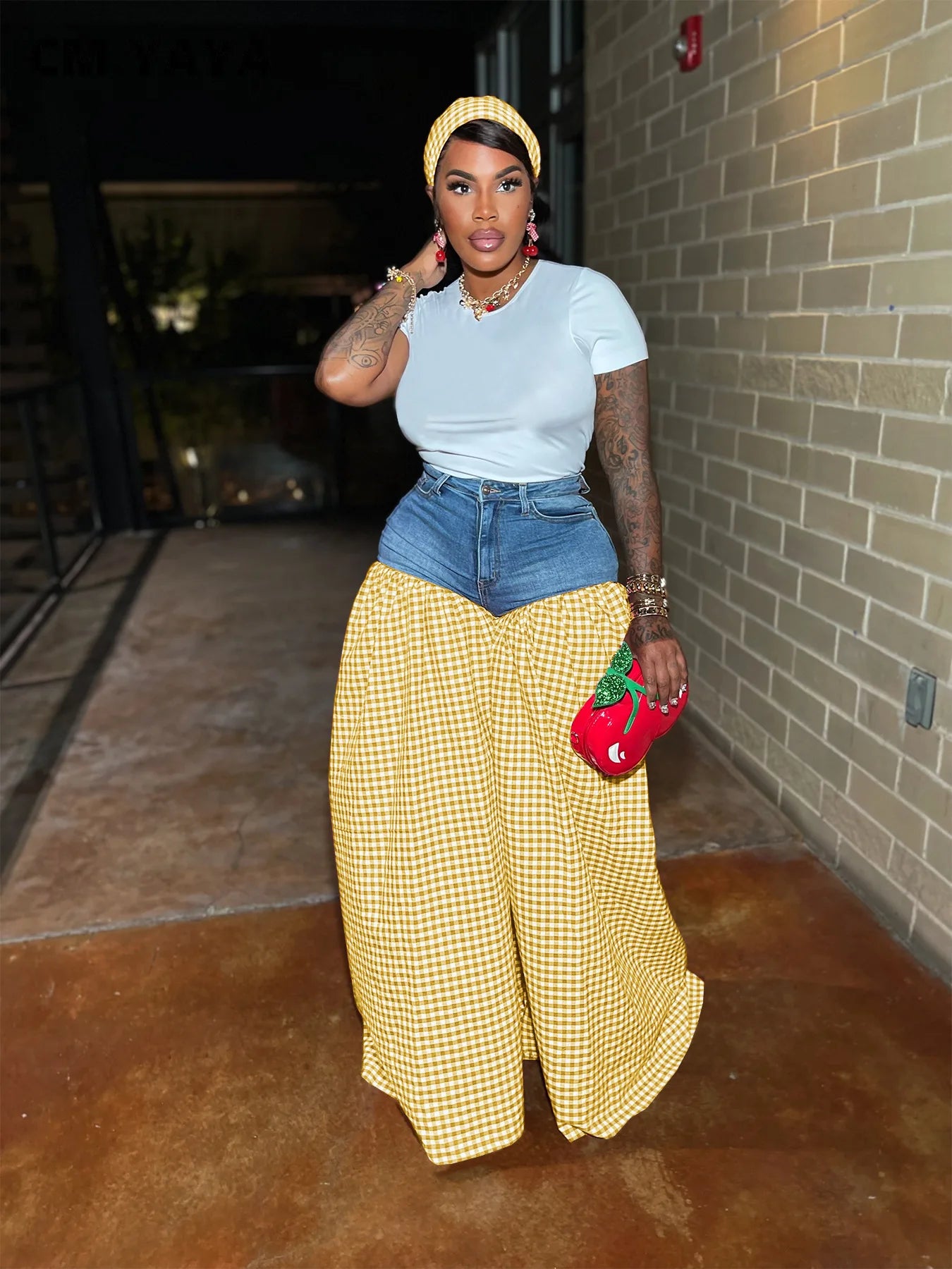 CM.YAYA Fashion Women Plaid Denim Patchwork Loose Wide Leg Jogger Pants 2025 Streetwear Active Hip Hop Sweatpants Trousers