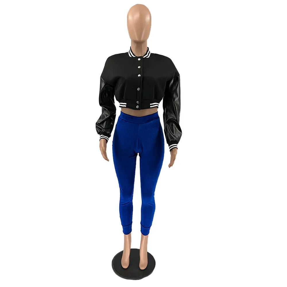 Women Crop Vintage Varsity Jacket Faux Leather Patchwork Long Sleeve Button Down Bomber Jackets Casual Baseball Jersey Jackets