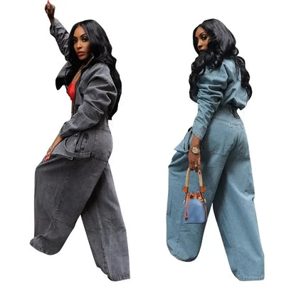 Casual Loose Denim Two Piece Set for Women Streetwear 2023 Autumn Zipper High Collar Crop Top Elastic Waist Wide Leg Cargo Pants