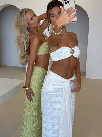 Weird Puss Elegant Women 2piece Set Sexy See Through Thin Tierred Y2K Seashell Tube Top+Wrapped Bandage Skirts Matching Clubwear