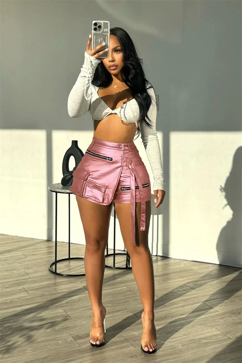 Shiny Metallic Irregular Shorts Skirts Women Y2K Clothing High Waist Button Fly Pockets Party Club Birthday Pantalones Cortos