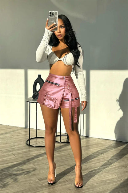 Shiny Metallic Irregular Shorts Skirts Women Y2K Clothing High Waist Button Fly Pockets Party Club Birthday Pantalones Cortos
