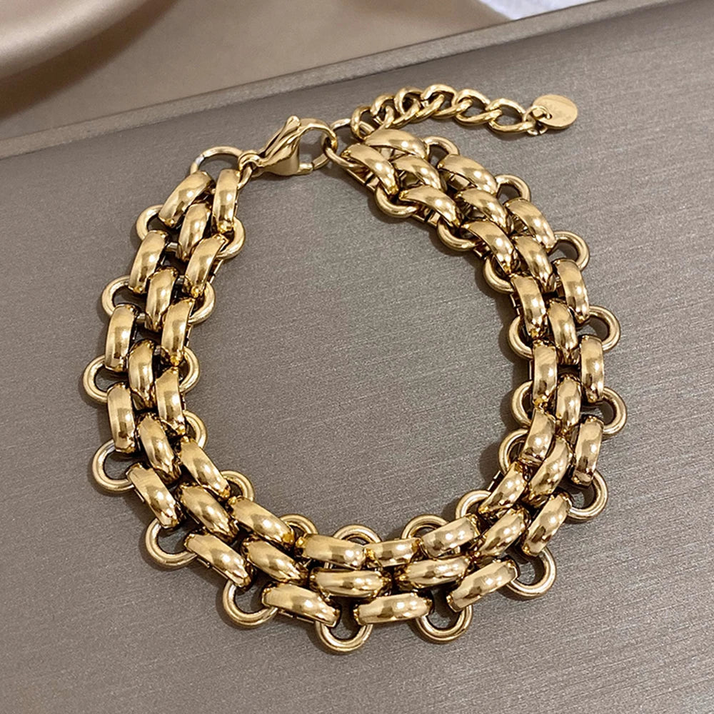 Trendy Stainless Steel Chunky Thick Chain Bracelet for Women Punk Statement Glossy Multilayer Link Bracelets Wristband Jewelry