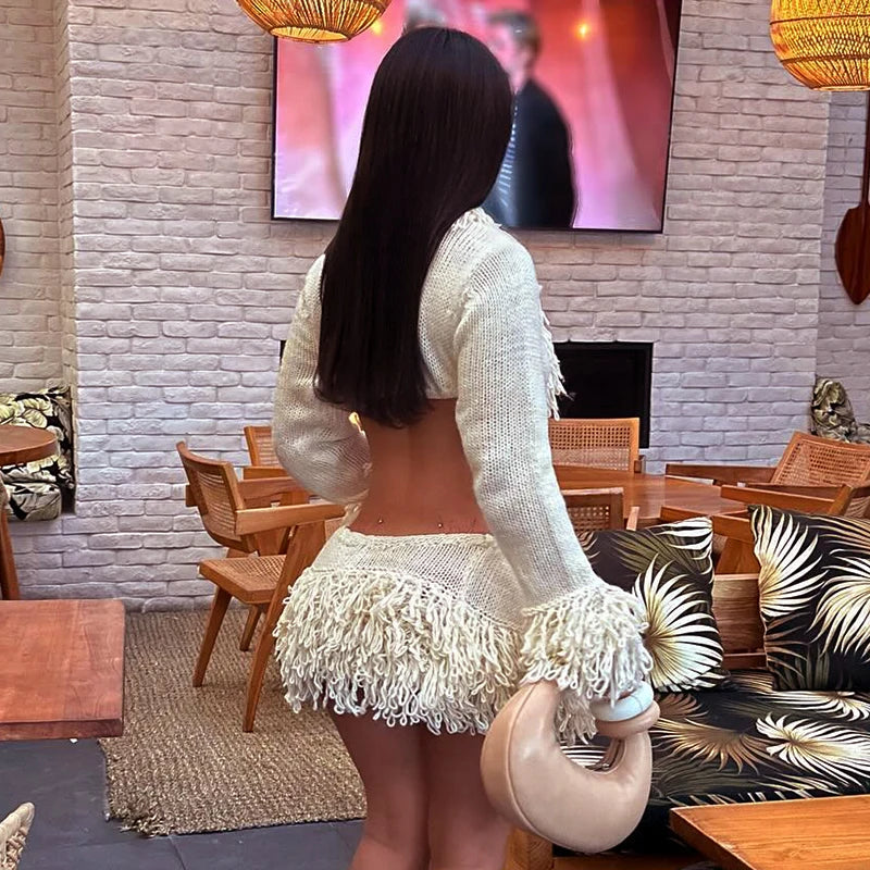 CUTENOVA 2024 New French Knit Sexy Set Tie Cardigan Long Sleeve Navel Top + Fashion Sexy Mini Skirt Set For Y2K Hottie Girl Wear