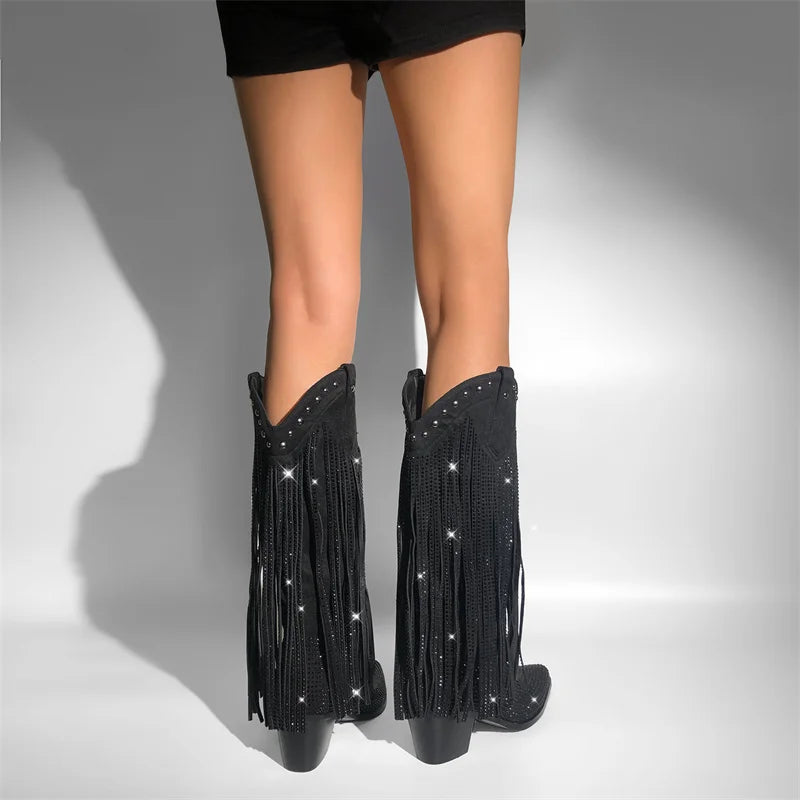 Onlymaker Women Sliver Rhinestone Fringe Knee High Western Boots Big Size Block Heel Pull-On Cowgirl Boots