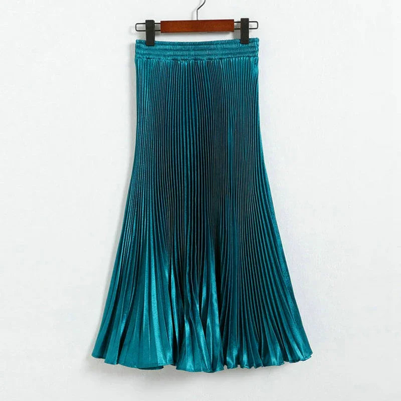 Women's Fashion Pleated Mermaid Long Skirt Korean Style Casual High Waist Satin Flowy Skirts Shiny 19 Colors 2024 Spring SK500