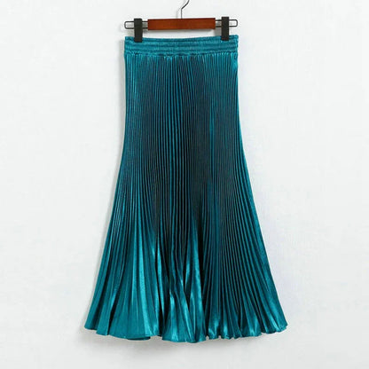 Women's Fashion Pleated Mermaid Long Skirt Korean Style Casual High Waist Satin Flowy Skirts Shiny 19 Colors 2024 Spring SK500
