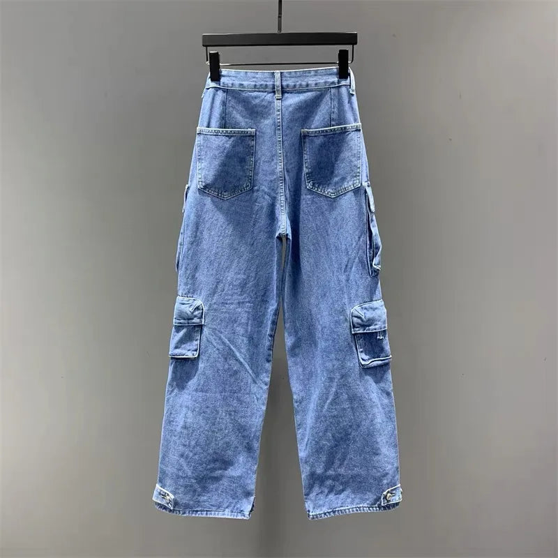 Joskaa Fashion Y2k Pockets Cargo Jeans Women Hipster High Waisted Straight Pants Fall 2023 Casual Denim Trousers Streetwear