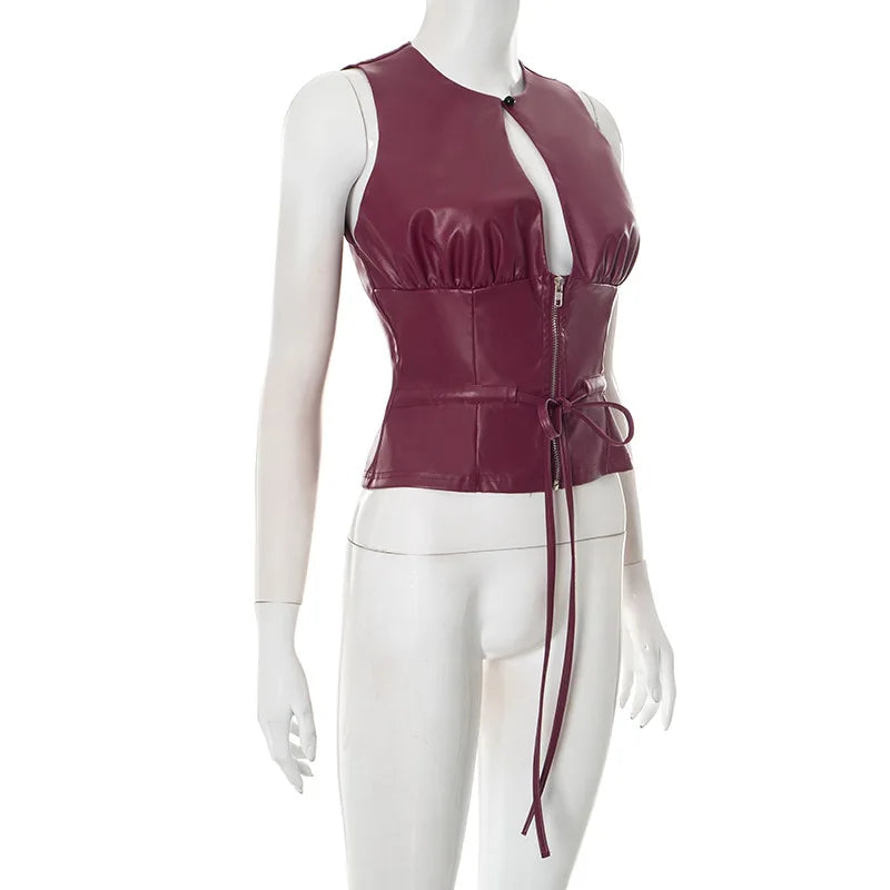 Joskaa 2025 Women's Pu Leather Tops Sexy Cutout Crew Neck Sleeveless Zip Front Tie Detail Tees Party Club Tshirts Y2K Streetwear