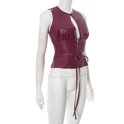 Joskaa 2025 Women's Pu Leather Tops Sexy Cutout Crew Neck Sleeveless Zip Front Tie Detail Tees Party Club Tshirts Y2K Streetwear