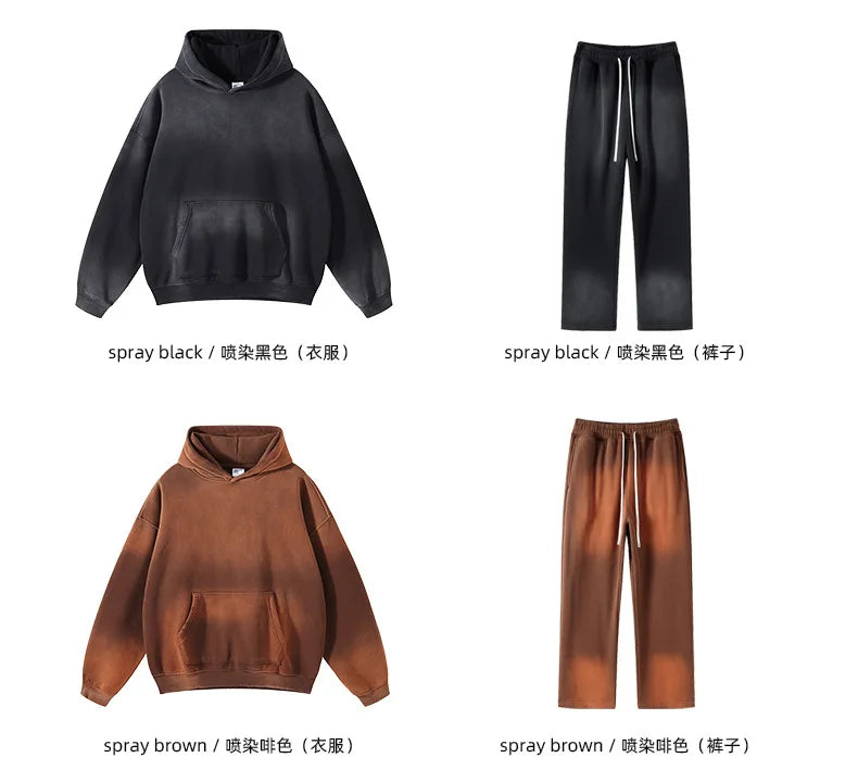 Custom LOGO 2025 autumn winter new 360G heavy sweater men's women's spray-dyeing old thickened hooded trendy sweater trousers clothes set