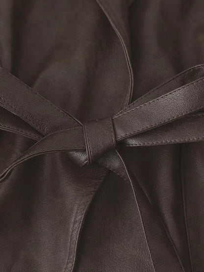 TRAFZA Spring Women Retro Brown PU Jackets Lace-up Single Button Coats Slim Sashes Jacket Fashion 2025 Female Casual Outwears