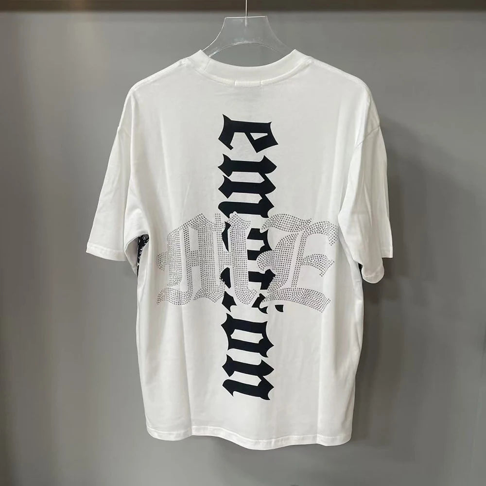 New Summer Letter Rhinestone Short Sleeve Black Mens Tshirts Streetwear Cotton Loose Round Neck Top Tees Oversized Unisex Tshirt