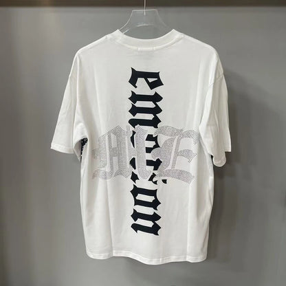 New Summer Letter Rhinestone Short Sleeve Black Mens Tshirts Streetwear Cotton Loose Round Neck Top Tees Oversized Unisex Tshirt