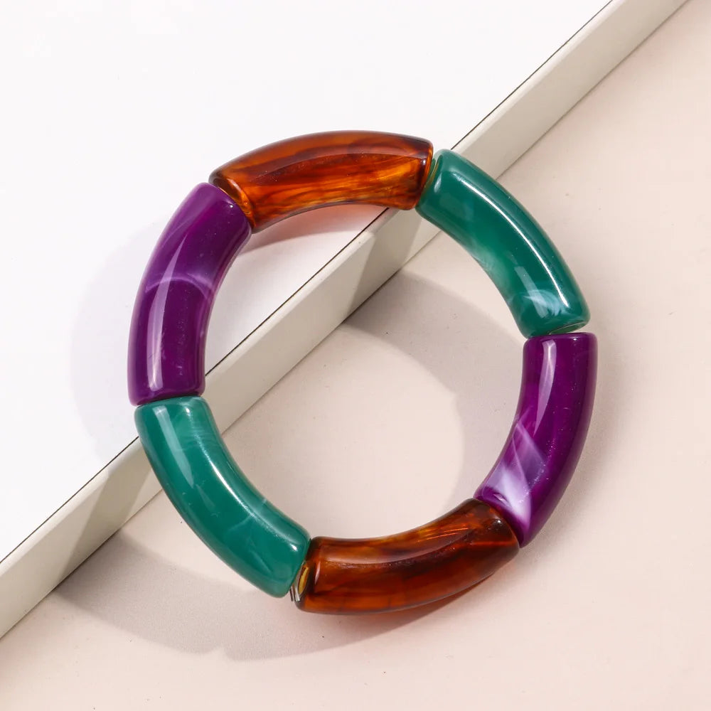 FishSheep Trendy Acrylic Stacked Bamboo Beads Bangles Bracelets for Women Bohemian Resin Elastic Beaded Bracelets Set Jewelry