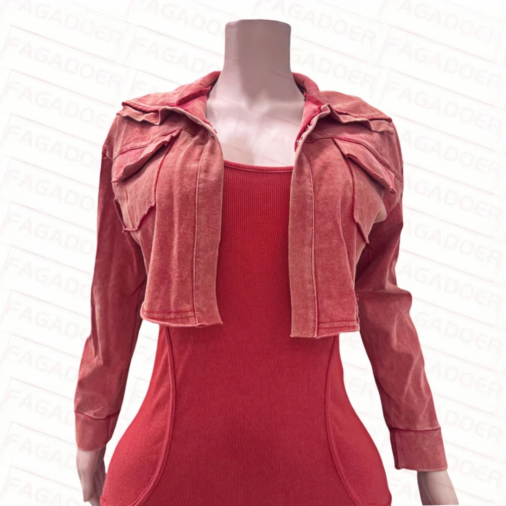 FAGADOER High Quality Rib Women 2 Piece Set Outfit Fashion Long Sleeve Crop Jacket + Bodycon Jumpsuits Suits Clothing 2025 New