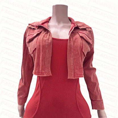 FAGADOER High Quality Rib Women 2 Piece Set Outfit Fashion Long Sleeve Crop Jacket + Bodycon Jumpsuits Suits Clothing 2025 New