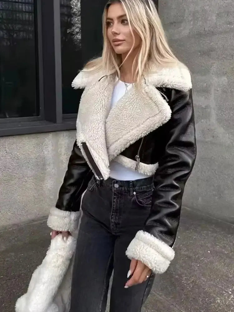 HH Women Faux Leather Thicken Short Jacket Vintage Front Zipper Lapel Long Sleeve Coat Winter Women Warm Casual Outerwear