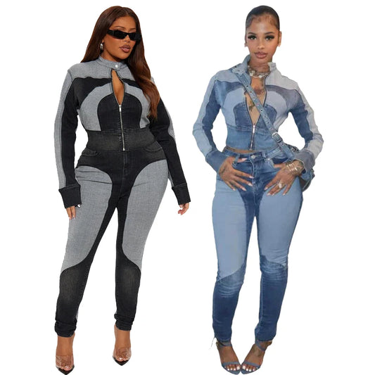 Fashion Two Tone Washed Denim Moto Jacket and Pants 2 Pieces Set for 2025 Fall Woman Casual Jeans 2piece Sets Outfits Streetwear