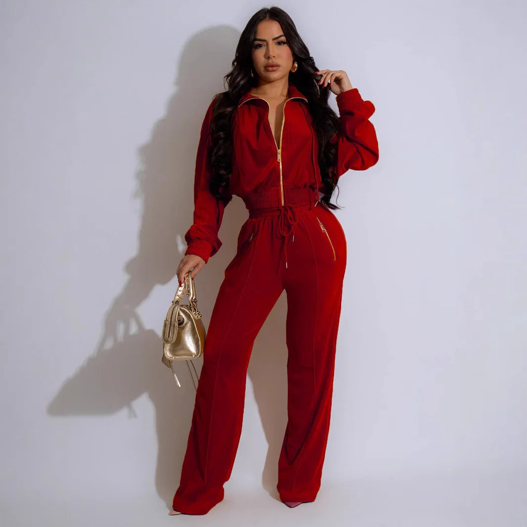 Pants Set Women Two Piece Sets Matching Sets Y2k Streetwear Zipper Coats Long Pants Elastic Waist Sportswear Tracksuit Jogger