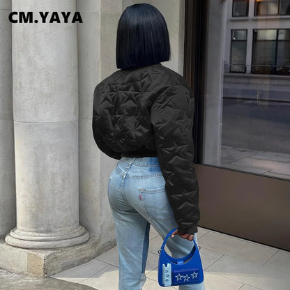CM.YAYA Women Long Sleeve Star Zipper Fly Baseball Style Parkas Jackets 2023 Autumn Winter Keep Warm Outcoats Jacket