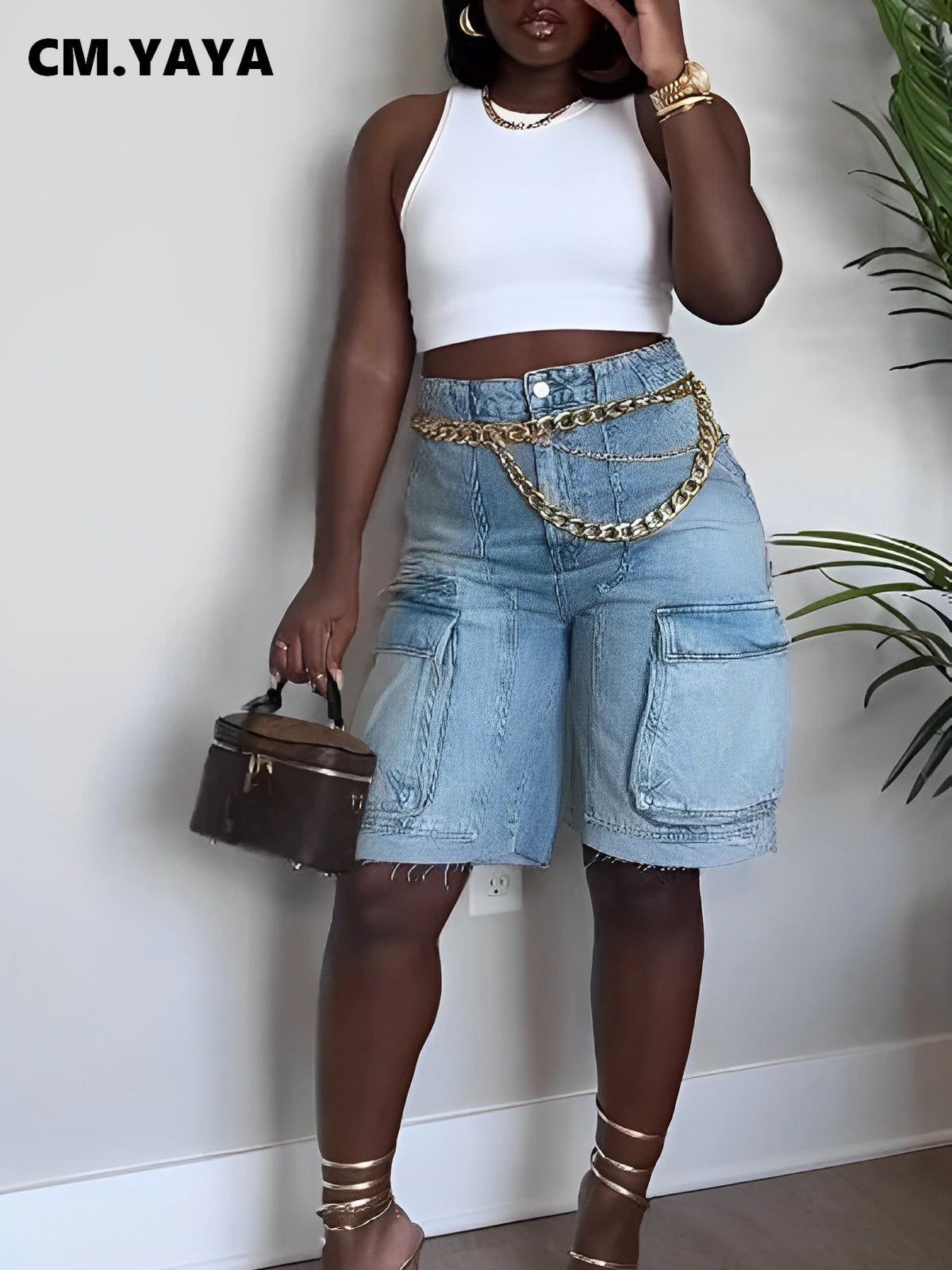 CM.YAYA Women Fashion Pocket Side Straight Knee Length Cargo Jeans 2025 Summer Party Street Short Pants