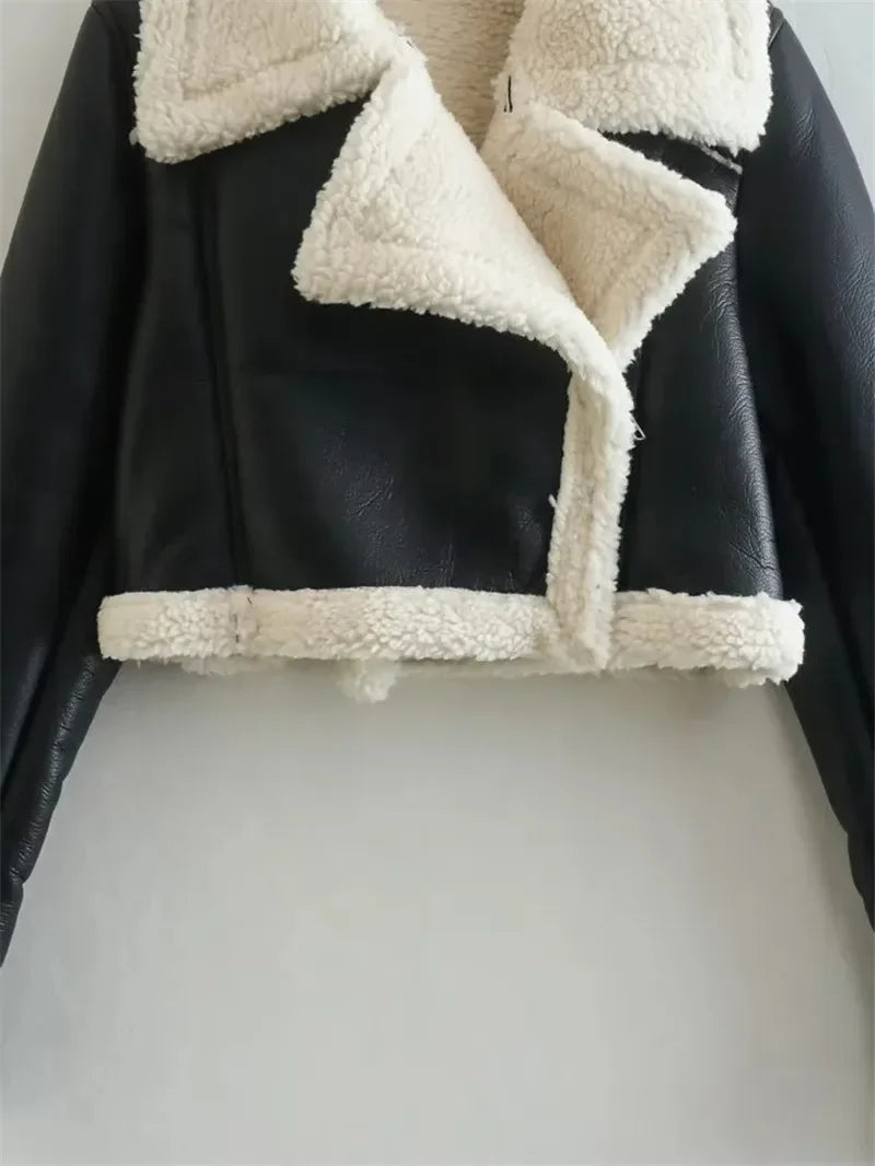 Winter New Women's Faux Fur Lined Short Jacket Double-sided Zipper Collar Leather And Fur Double-sided Short Coat