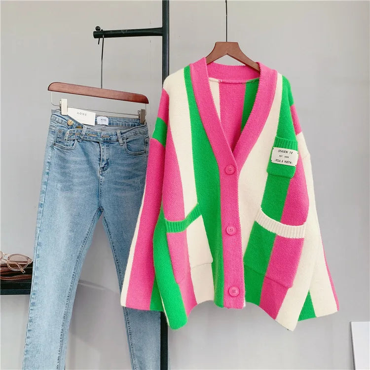 Joskaa Striped Patchwork Knitted Cardigan Women V-Neck Long Sleeve Single Breasted Sweater Coat Autumn 2023 Outwear Streetwear