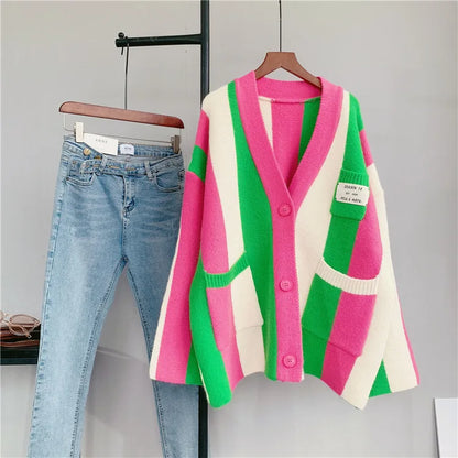 Joskaa Striped Patchwork Knitted Cardigan Women V-Neck Long Sleeve Single Breasted Sweater Coat Autumn 2023 Outwear Streetwear