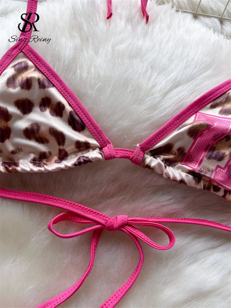 SINGREINY Leopard Bikini Hotsweet Three Piece Set Halter Bra+Slim Shorts+Mini Briefs 2024 Women Lace-Up Backless Sexy Suits