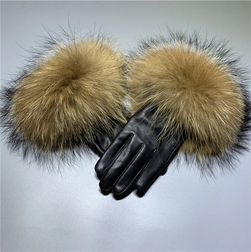 Jxwatcher Wholesale Fox Fur Gloves Winter Female Luxury Style Warm Sheepskin Genuine Leather Gloves Driving Thickening Mitten