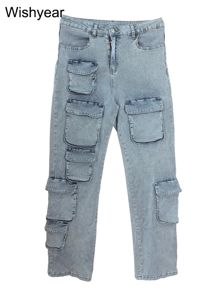 Sweatpants Multi Pockets Stretch Denim Cargo Pants Women Button Fly High Waist Loose Straight Baggy Jeans Trousers Streetwear