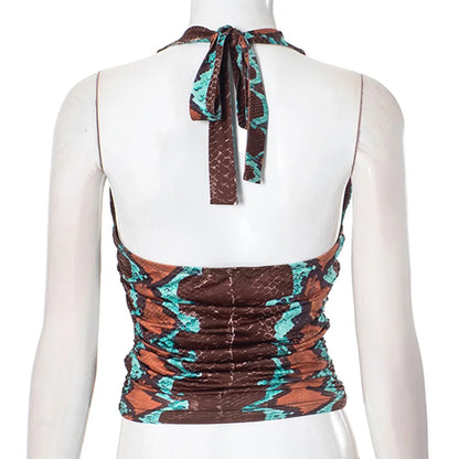 ANJAMANOR Brown Printed Crop Tops Woman Summer Clothes 2025 Sexy Lace Up Deep V Neck Backless Tanks for Womens D85-AH11