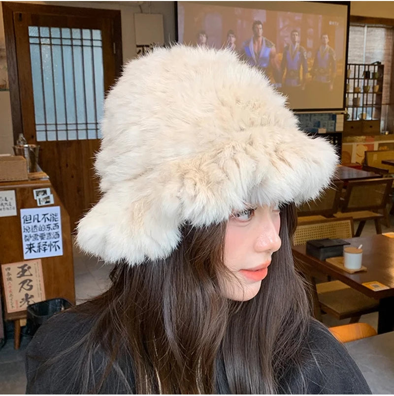 New Real Rabbit Fur Fisherman's Hat For Women Winter Warm Rabbit Fur Caps Soft Natural Rabbit Fur Hats Female Fashion Fur Cap
